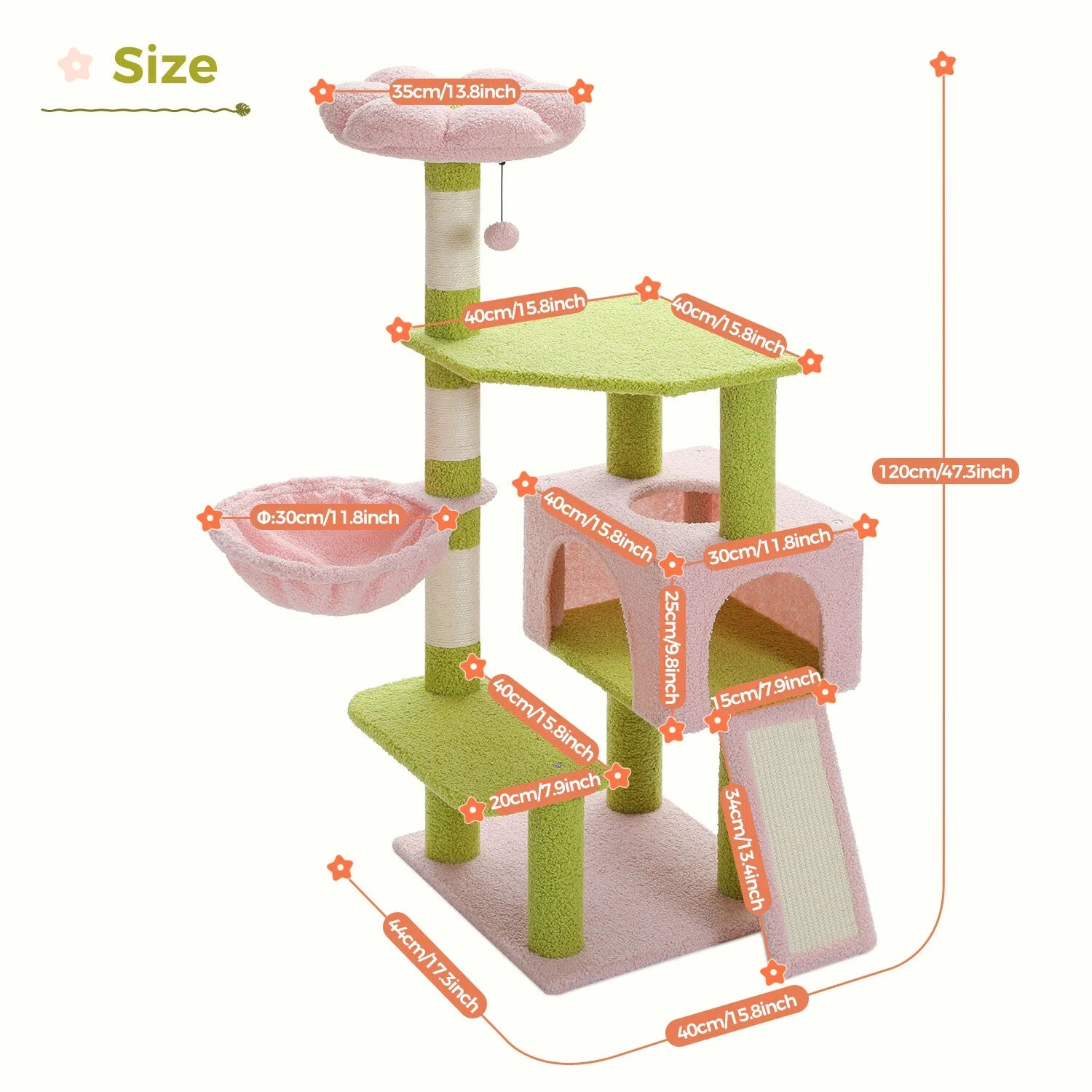 Detailed size chart of Catopia Co.'s pastel green and pink modern cat tree, featuring a cozy flower-shaped top perch, hammock, scratching ramp, and multi-level platforms. Canadian local business, ships only within Canada.
