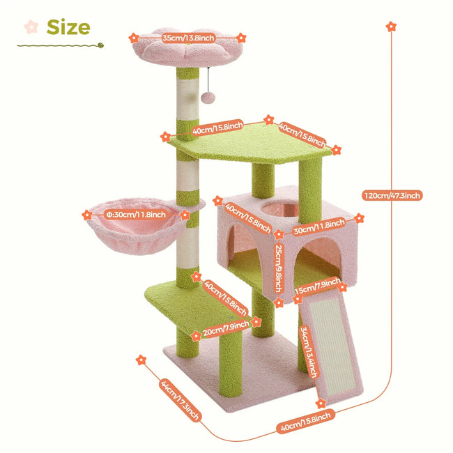 Detailed size chart of Catopia Co.'s pastel green and pink modern cat tree, featuring a cozy flower-shaped top perch, hammock, scratching ramp, and multi-level platforms. Canadian local business, ships only within Canada.
